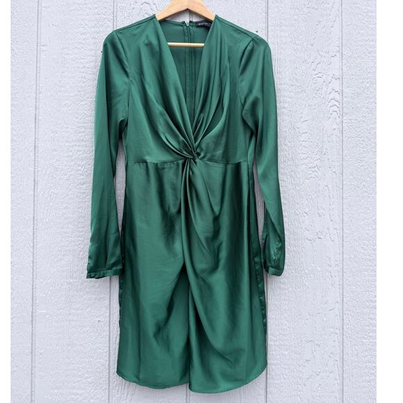 BOSTON PROPER emerald green lightweight satin twist front holiday short  dress